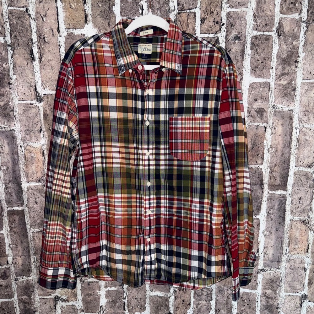 J.Crew Indian Madras Plaid Shirt Mens Large Slim Fit Button Down Preppy Multi